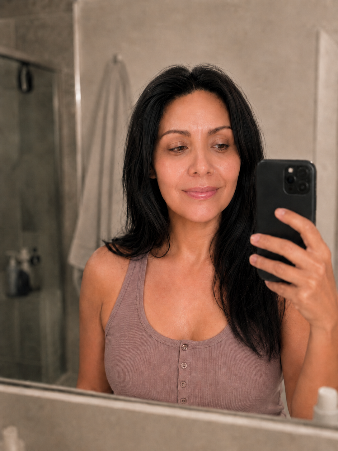 Same mirror, same woman, looking at her reflection with hydrated, glass skin