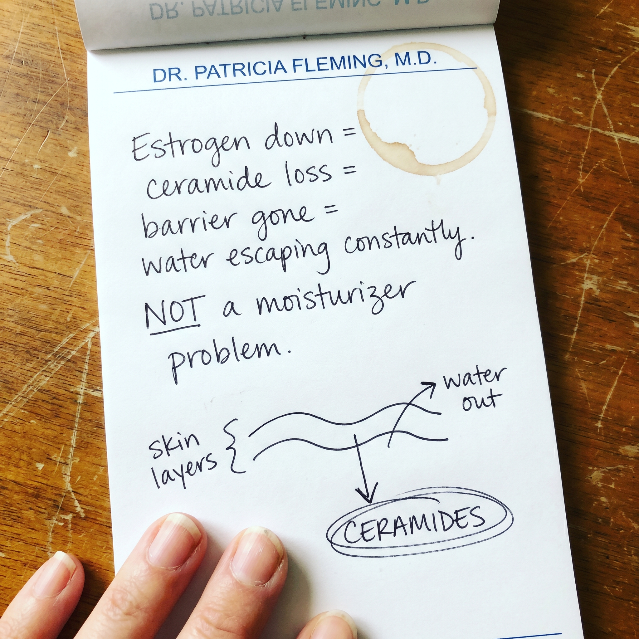Handwritten notebook page: estrogen down, ceramide loss, barrier gone, water escaping. Not a moisturizer problem.