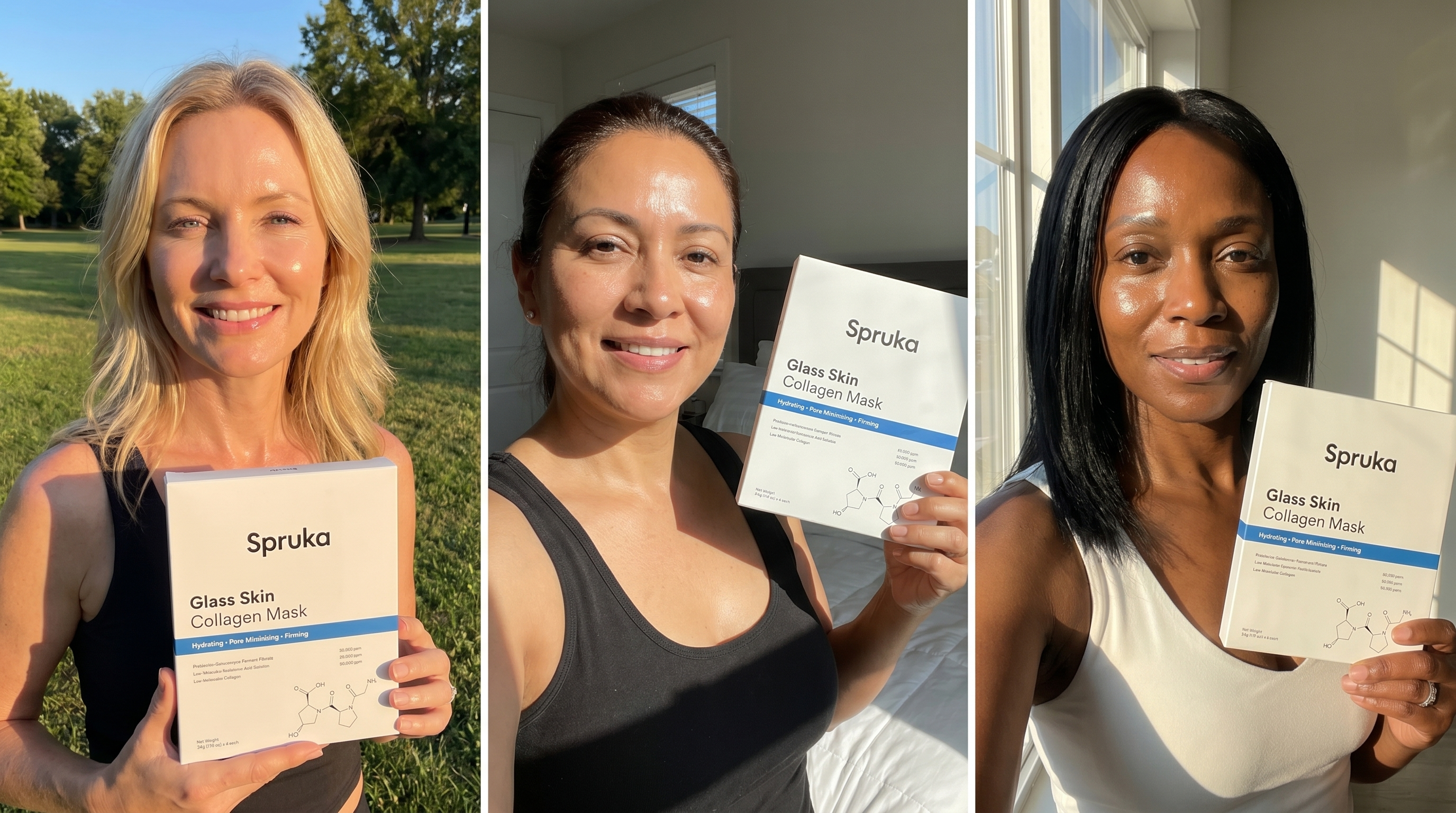 Three Spruka customers holding the Glass Skin Collagen Mask box