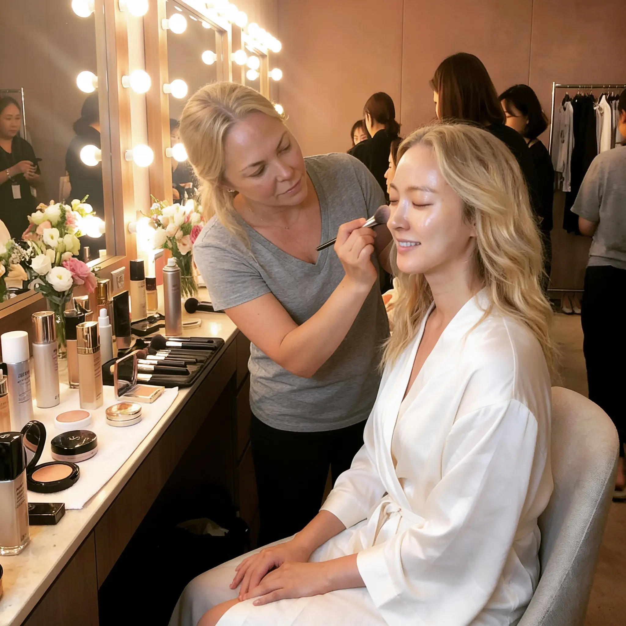 Meredith working on a client backstage, two feet from the most envied faces